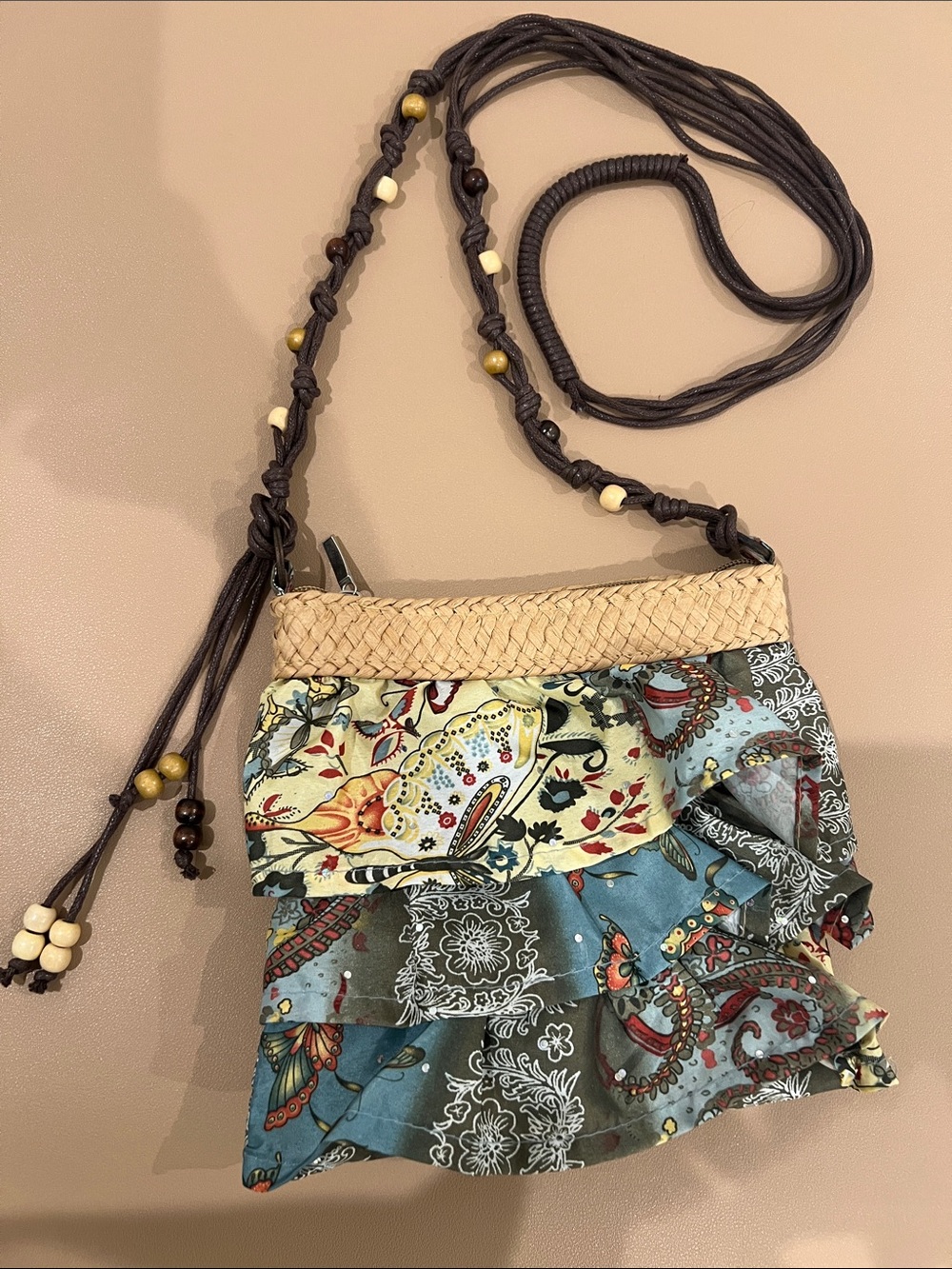 Cappelli Straworld Teal, Tan & Cream Paisley Ruffle Crossbody Bag